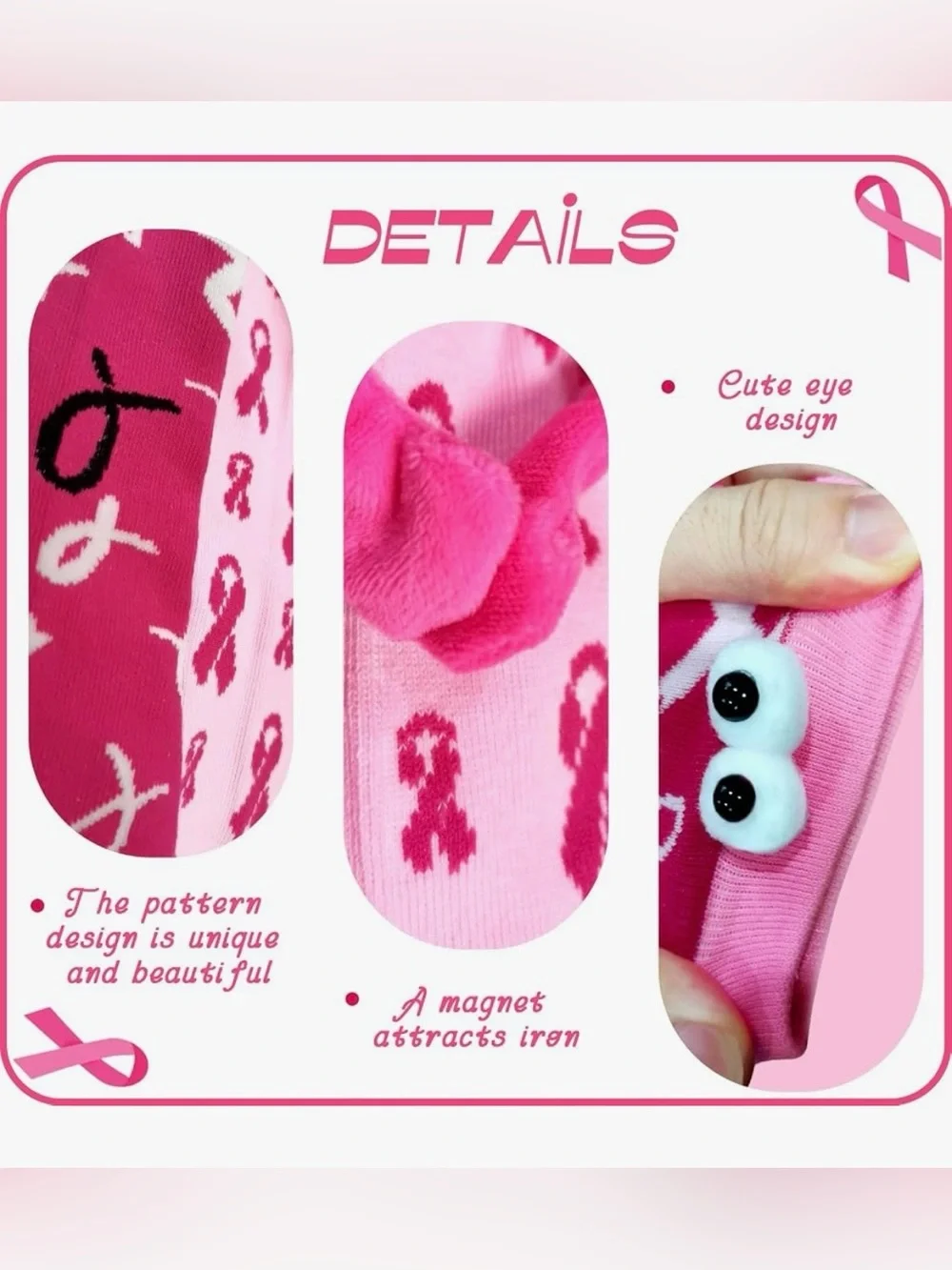 Cute Funny Pink Ribbon Breast Cancer Awareness Crew Socks - 2 Pair - Magnetic